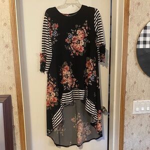 Floral Black Dress with Striped Sleeves